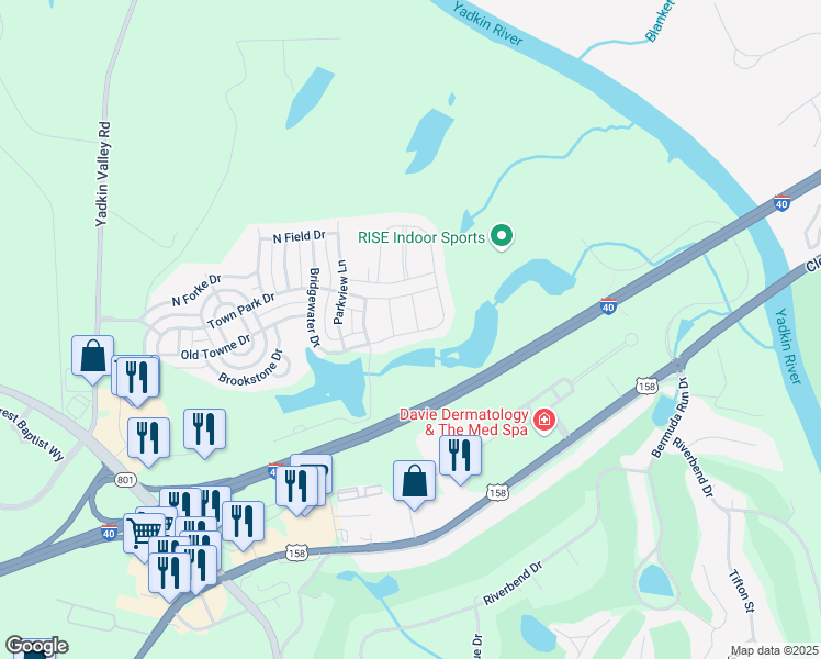 map of restaurants, bars, coffee shops, grocery stores, and more near 105 Pendleton Drive in Bermuda Run
