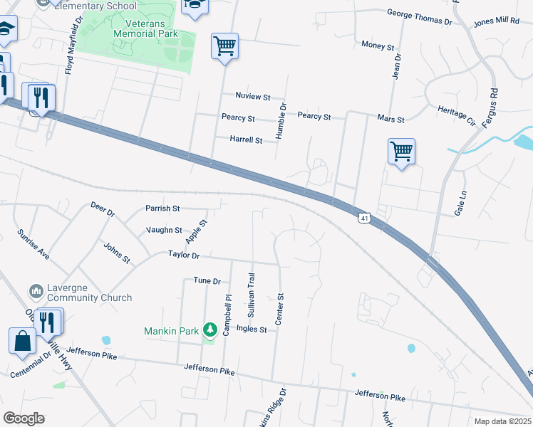 map of restaurants, bars, coffee shops, grocery stores, and more near 127 Neal Boulevard in La Vergne