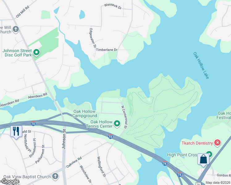 map of restaurants, bars, coffee shops, grocery stores, and more near 3431 North Centennial Street in High Point