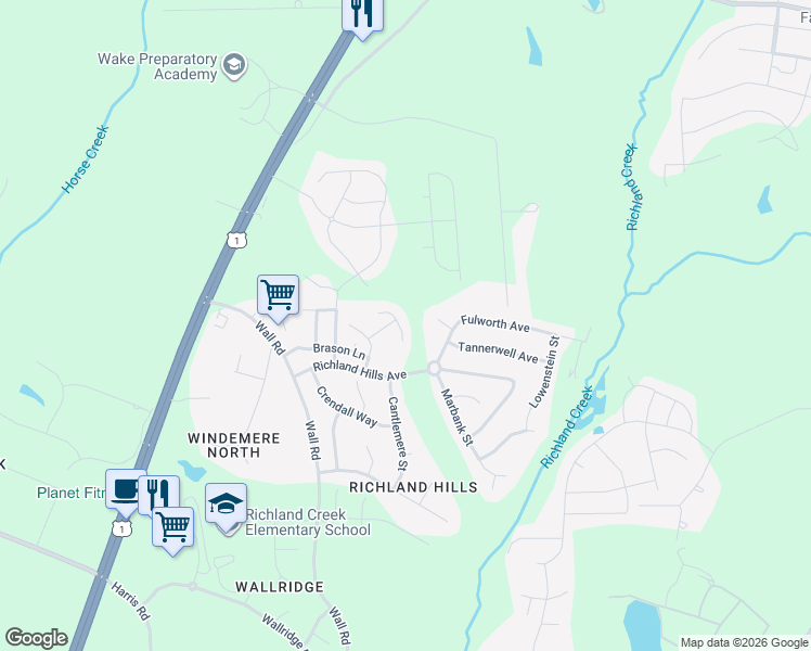 map of restaurants, bars, coffee shops, grocery stores, and more near 1430 Chatuga Way in Wake Forest