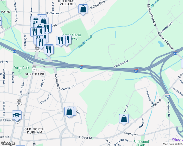 map of restaurants, bars, coffee shops, grocery stores, and more near 1207 Camden Avenue in Durham