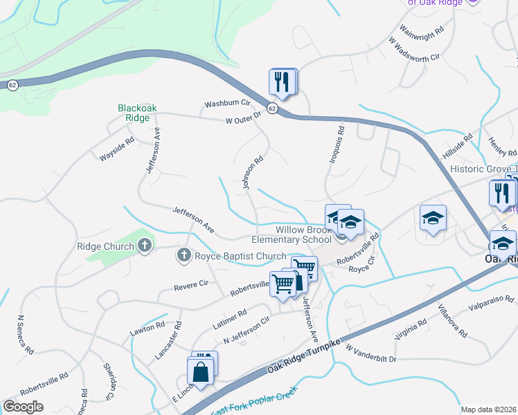 map of restaurants, bars, coffee shops, grocery stores, and more near 105 Jarrett Ln in Oak Ridge