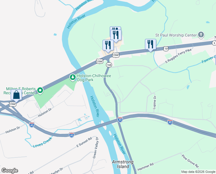 map of restaurants, bars, coffee shops, grocery stores, and more near 6000 East Governor John Sevier Highway in Knoxville