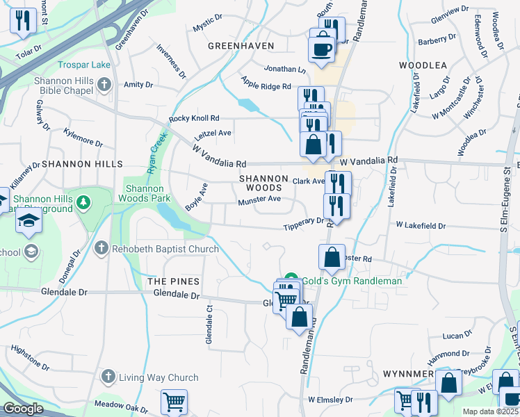 map of restaurants, bars, coffee shops, grocery stores, and more near 3116 Kilkenny Avenue in Greensboro