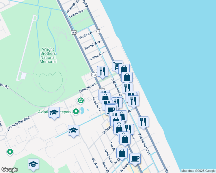 map of restaurants, bars, coffee shops, grocery stores, and more near 109 East Carlton Avenue in Kill Devil Hills
