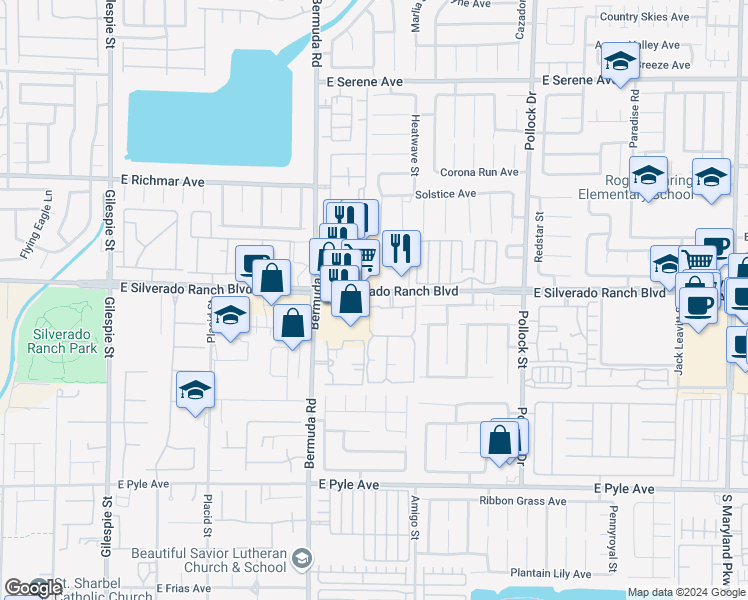 map of restaurants, bars, coffee shops, grocery stores, and more near 555 East Silverado Ranch Boulevard in Las Vegas