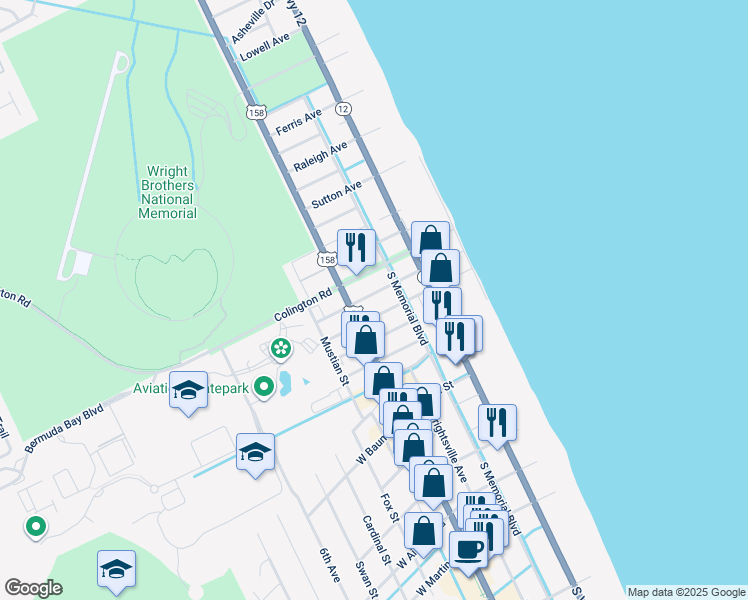 map of restaurants, bars, coffee shops, grocery stores, and more near 109 East Carlton Avenue in Kill Devil Hills