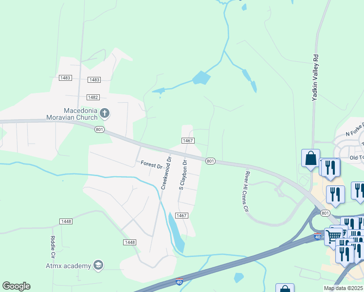 map of restaurants, bars, coffee shops, grocery stores, and more near 117 Claybon Drive in Advance