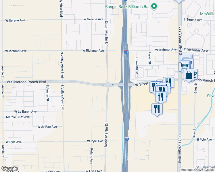 map of restaurants, bars, coffee shops, grocery stores, and more near Dean Martin Drive & West Silverado Ranch Boulevard in Las Vegas