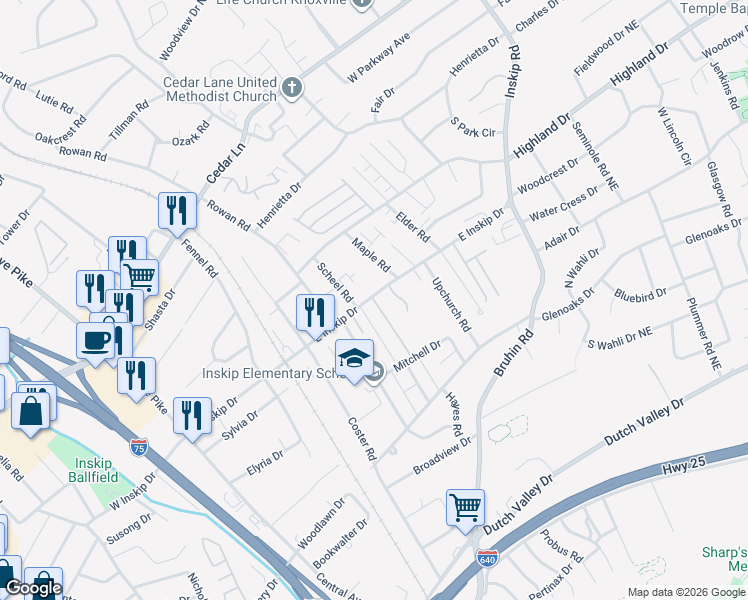 map of restaurants, bars, coffee shops, grocery stores, and more near in Knoxville