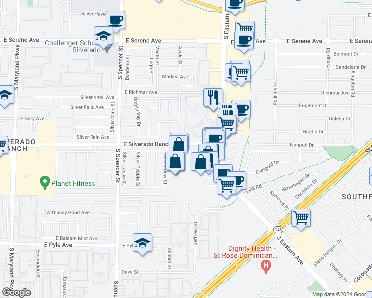 map of restaurants, bars, coffee shops, grocery stores, and more near 9725 East Silverado Ranch Boulevard in Las Vegas
