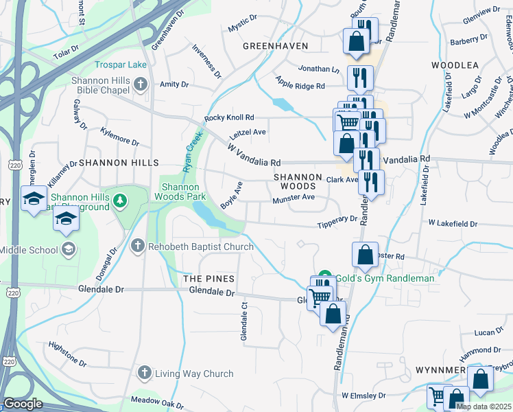 map of restaurants, bars, coffee shops, grocery stores, and more near 801 Munster Avenue in Greensboro