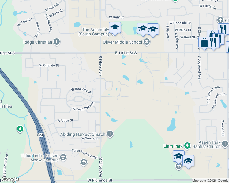 map of restaurants, bars, coffee shops, grocery stores, and more near 10175 East 129th Street South in Broken Arrow