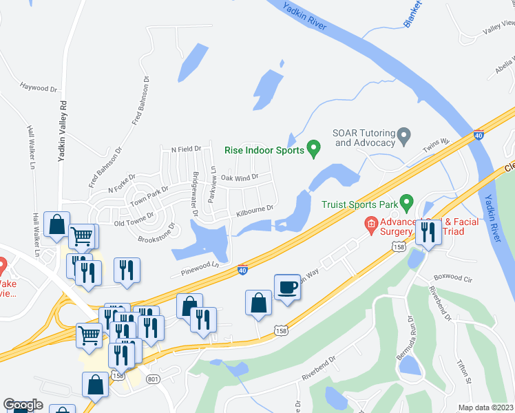 map of restaurants, bars, coffee shops, grocery stores, and more near 105 Pendleton Drive in Bermuda Run