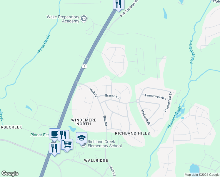 map of restaurants, bars, coffee shops, grocery stores, and more near 1413 Ripley Woods Street in Wake Forest