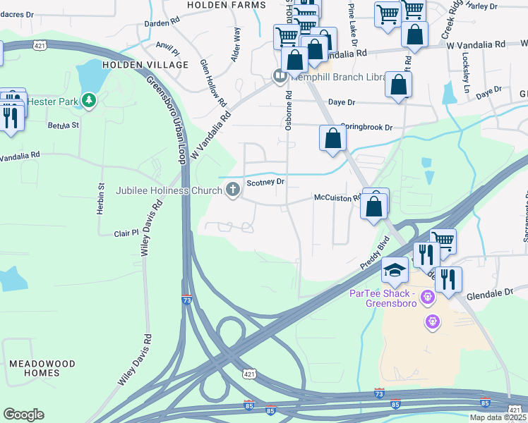 map of restaurants, bars, coffee shops, grocery stores, and more near 3607 McCuiston Road in Greensboro