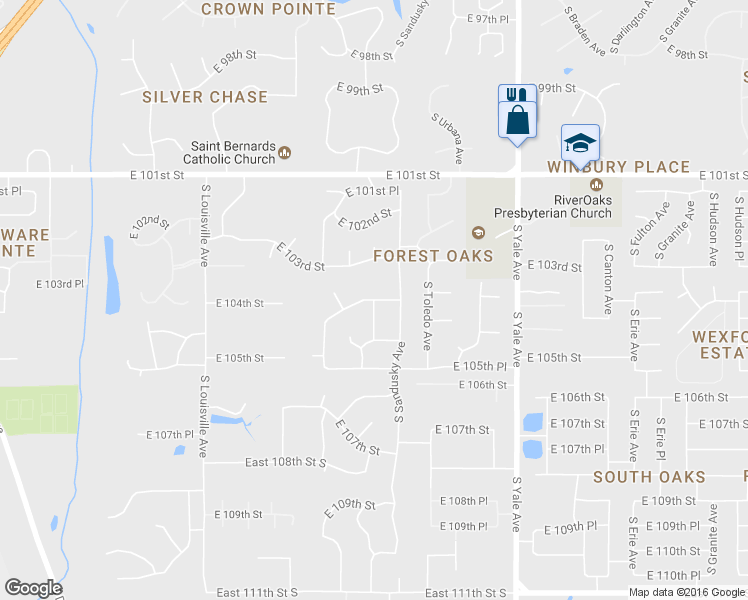 map of restaurants, bars, coffee shops, grocery stores, and more near 4300 East 104th Street in Tulsa