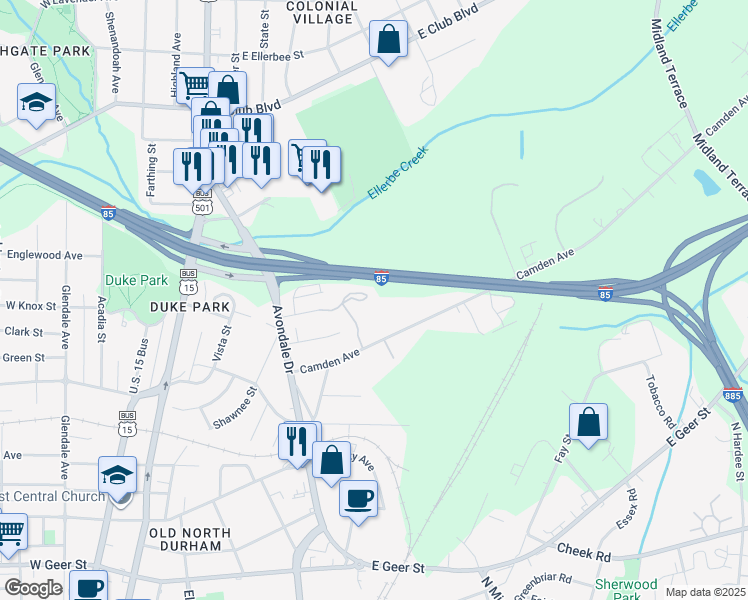 map of restaurants, bars, coffee shops, grocery stores, and more near 628 East Knox Street in Durham