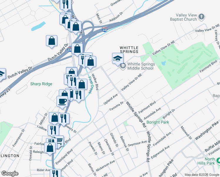 map of restaurants, bars, coffee shops, grocery stores, and more near 2516 Montclair Avenue in Knoxville