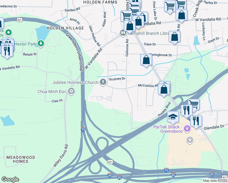 map of restaurants, bars, coffee shops, grocery stores, and more near 3608 McCuiston Road in Greensboro