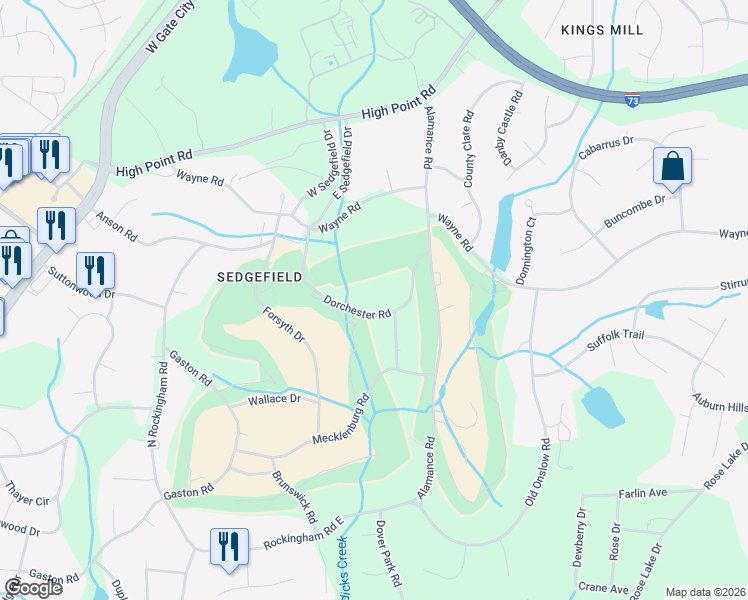 map of restaurants, bars, coffee shops, grocery stores, and more near 5308 Dorchester Road in Greensboro
