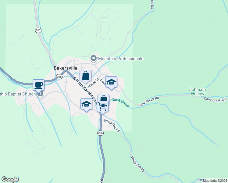 map of restaurants, bars, coffee shops, grocery stores, and more near 157 Laurel Street in Bakersville