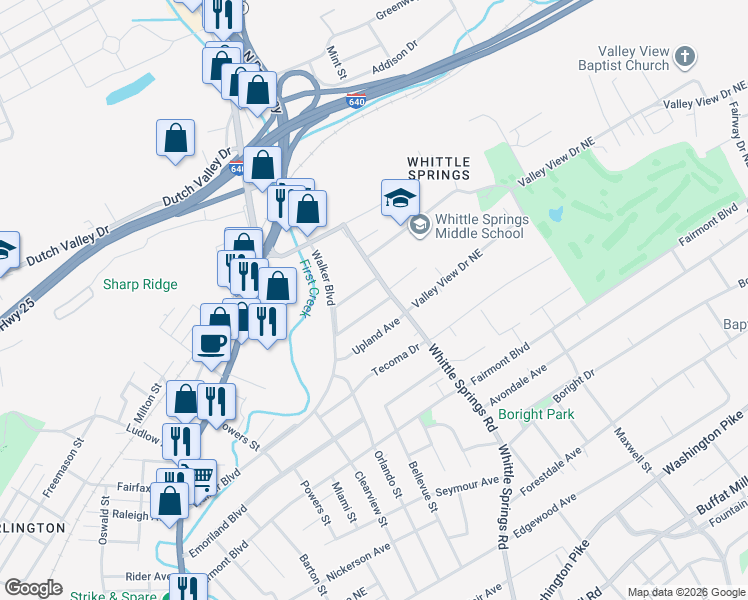 map of restaurants, bars, coffee shops, grocery stores, and more near 2516 Montclair Avenue in Knoxville