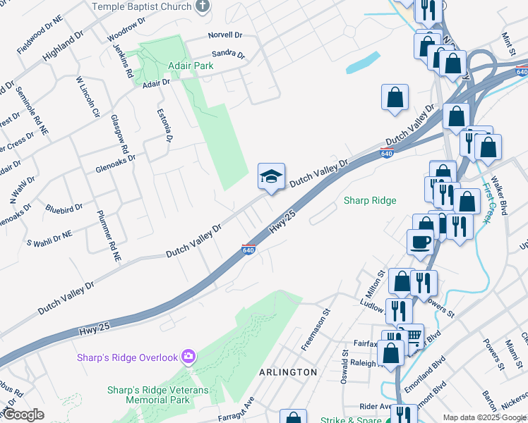 map of restaurants, bars, coffee shops, grocery stores, and more near 1904 Dutch Valley Drive Northeast in Knoxville