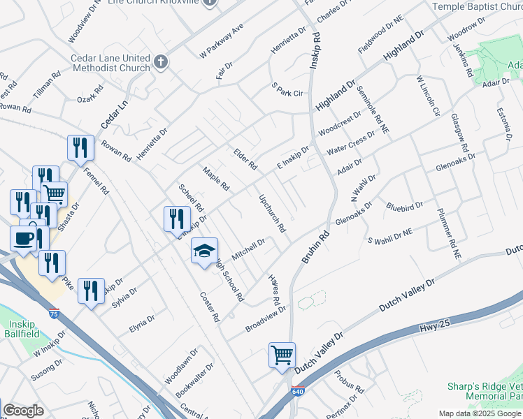 map of restaurants, bars, coffee shops, grocery stores, and more near 706 East Inskip Drive in Knoxville