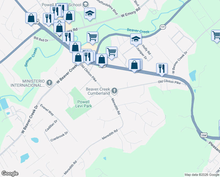 map of restaurants, bars, coffee shops, grocery stores, and more near 7304 Old Clinton Pike in Knoxville