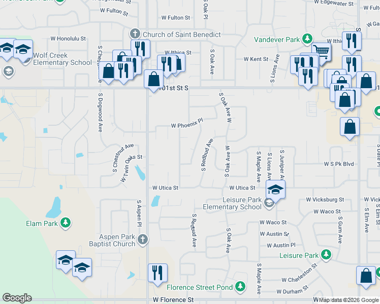map of restaurants, bars, coffee shops, grocery stores, and more near 3905 South Sycamore Avenue in Broken Arrow