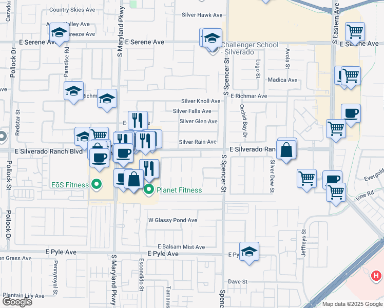 map of restaurants, bars, coffee shops, grocery stores, and more near 1577 Silver Rain Avenue in Las Vegas