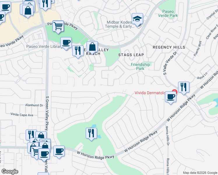 map of restaurants, bars, coffee shops, grocery stores, and more near 2019 Woodspring Terrace in Henderson