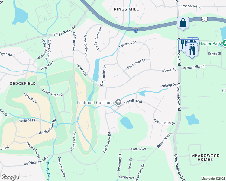 map of restaurants, bars, coffee shops, grocery stores, and more near 4256 Wayne Road in Greensboro