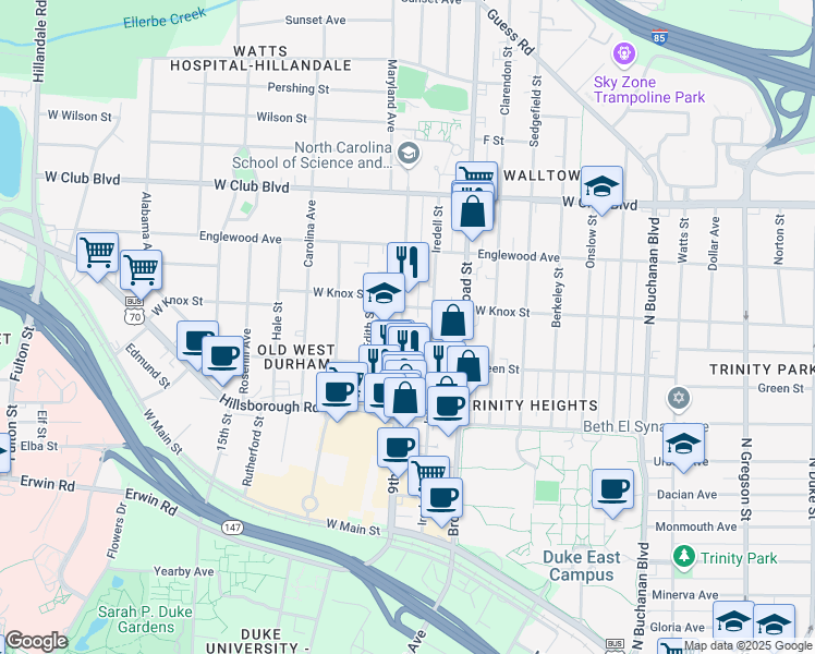 map of restaurants, bars, coffee shops, grocery stores, and more near 914 9th Street in Durham