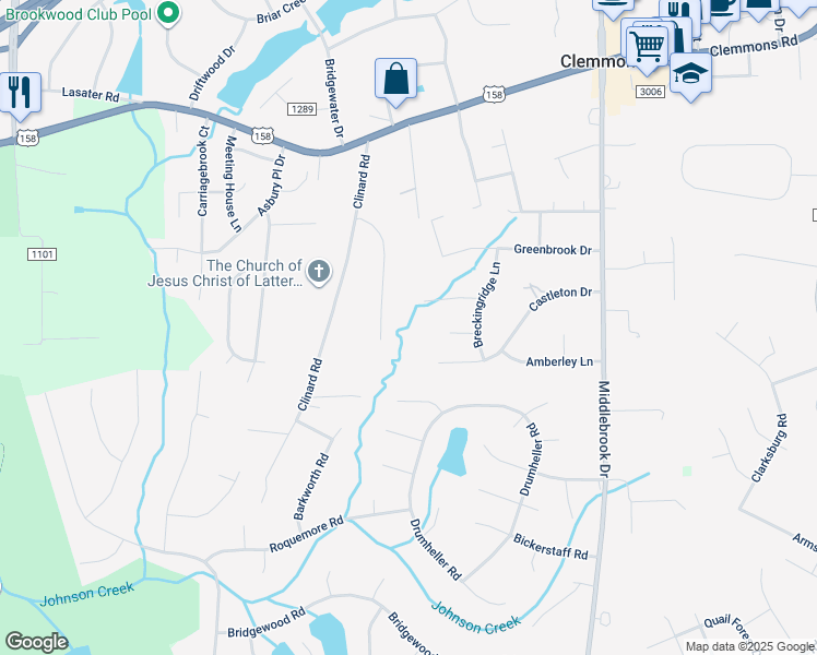 map of restaurants, bars, coffee shops, grocery stores, and more near 3840 Tangle Oak Drive in Clemmons