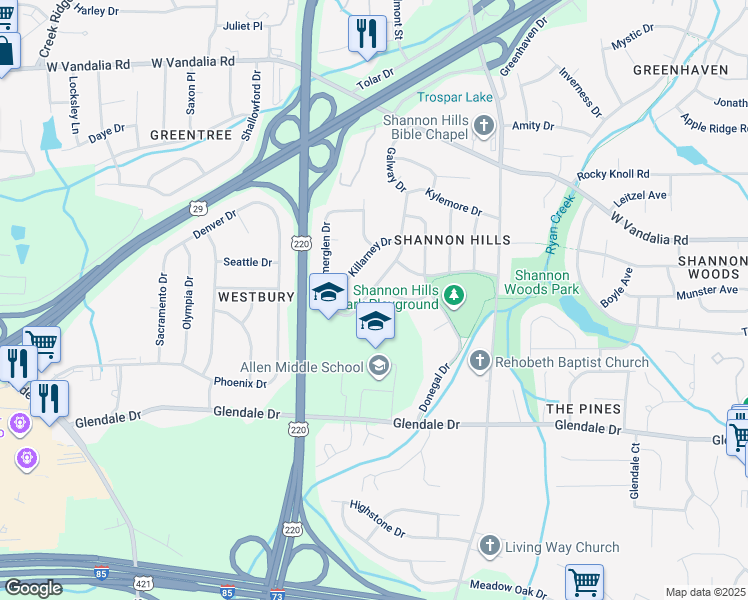 map of restaurants, bars, coffee shops, grocery stores, and more near 4203 Galway Drive in Greensboro