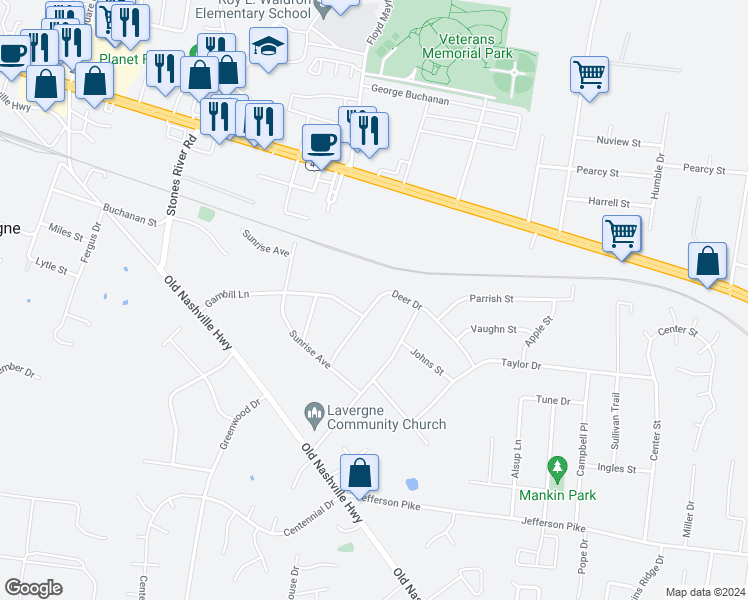 map of restaurants, bars, coffee shops, grocery stores, and more near 138 Deer Drive in La Vergne