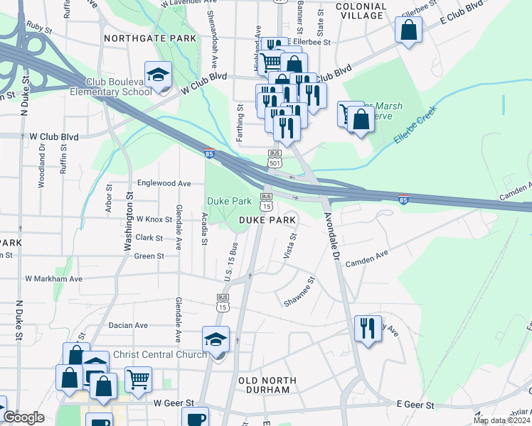 map of restaurants, bars, coffee shops, grocery stores, and more near 211 East Knox Street in Durham