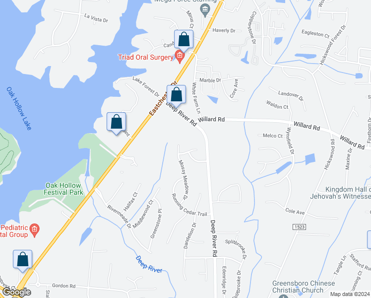 map of restaurants, bars, coffee shops, grocery stores, and more near 3513 Sunset Hollow Court in High Point