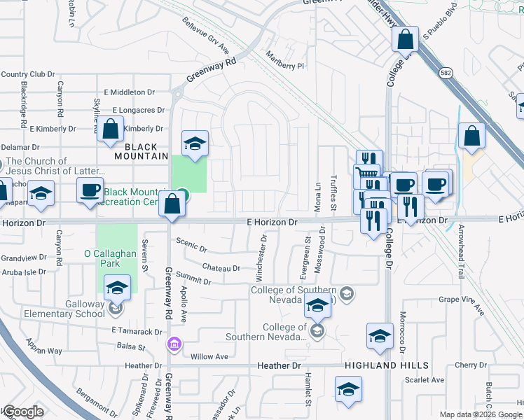 map of restaurants, bars, coffee shops, grocery stores, and more near 425-499 East Horizon Drive in Henderson