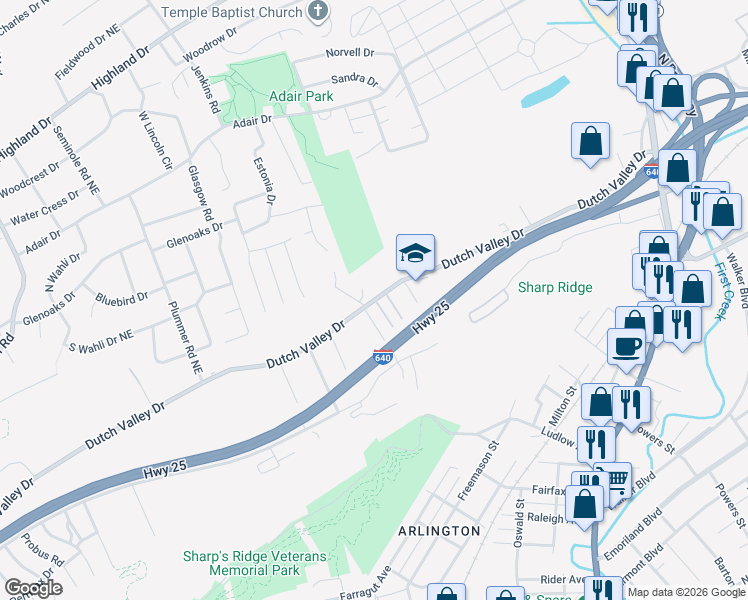 map of restaurants, bars, coffee shops, grocery stores, and more near 4710 Ridge Grove Road in Knoxville