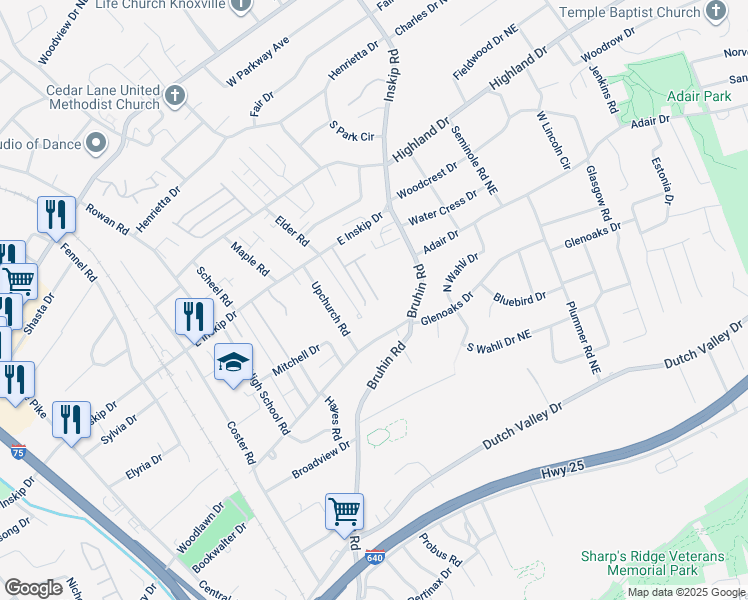 map of restaurants, bars, coffee shops, grocery stores, and more near 4719 Scepter Way in Knoxville