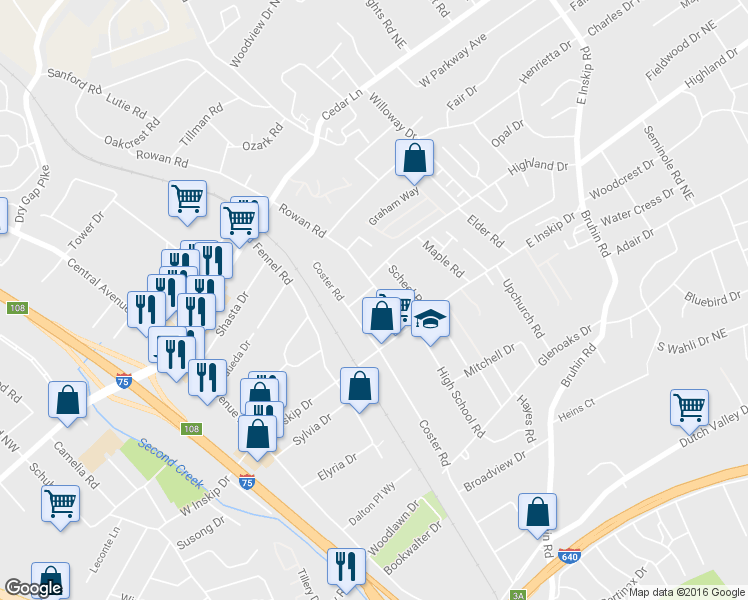 map of restaurants, bars, coffee shops, grocery stores, and more near 4810 Rowan Road in Knoxville