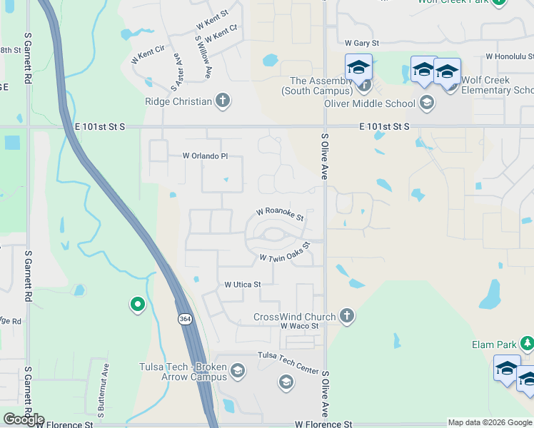 map of restaurants, bars, coffee shops, grocery stores, and more near 3900 West Roanoke Street in Broken Arrow
