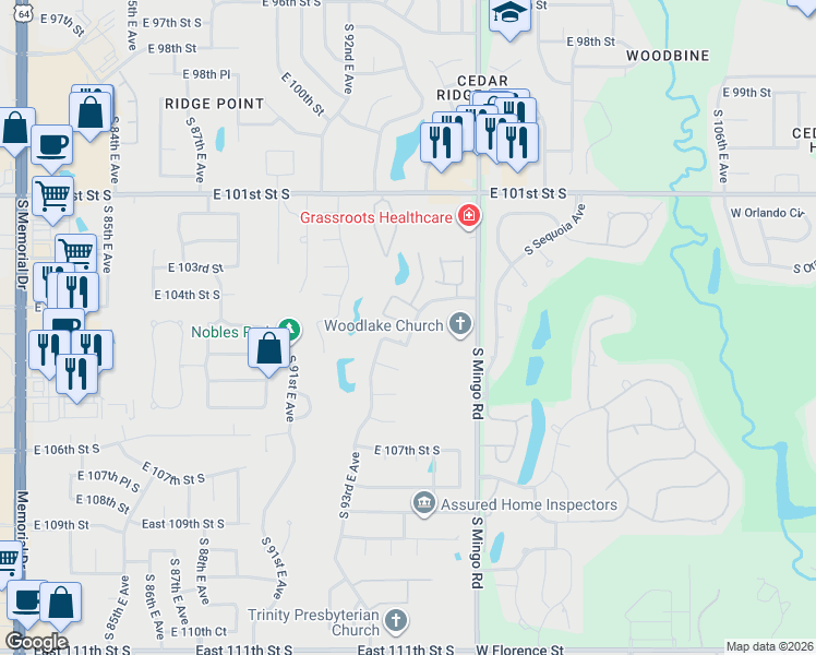 map of restaurants, bars, coffee shops, grocery stores, and more near 9529 East 104th Street in Tulsa