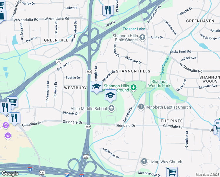 map of restaurants, bars, coffee shops, grocery stores, and more near 4203 Galway Drive in Greensboro