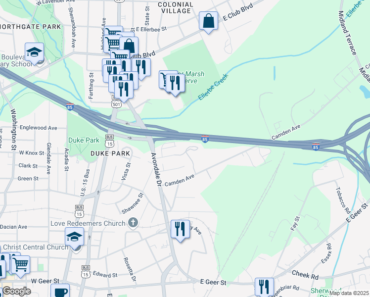 map of restaurants, bars, coffee shops, grocery stores, and more near 614 East Knox Street in Durham