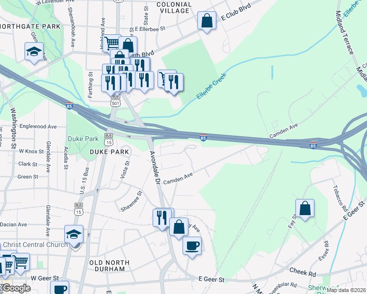 map of restaurants, bars, coffee shops, grocery stores, and more near 614 East Knox Street in Durham