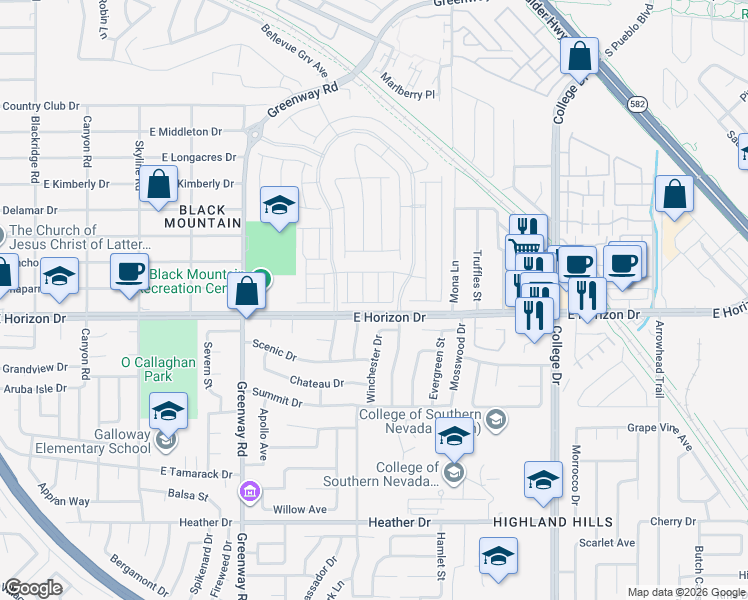 map of restaurants, bars, coffee shops, grocery stores, and more near 425-499 East Horizon Drive in Henderson